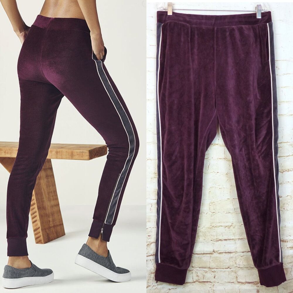 Fabletics Britt Jogger Pants Womens XL Burgundy Velour Gray Side Stripe Zip Leg